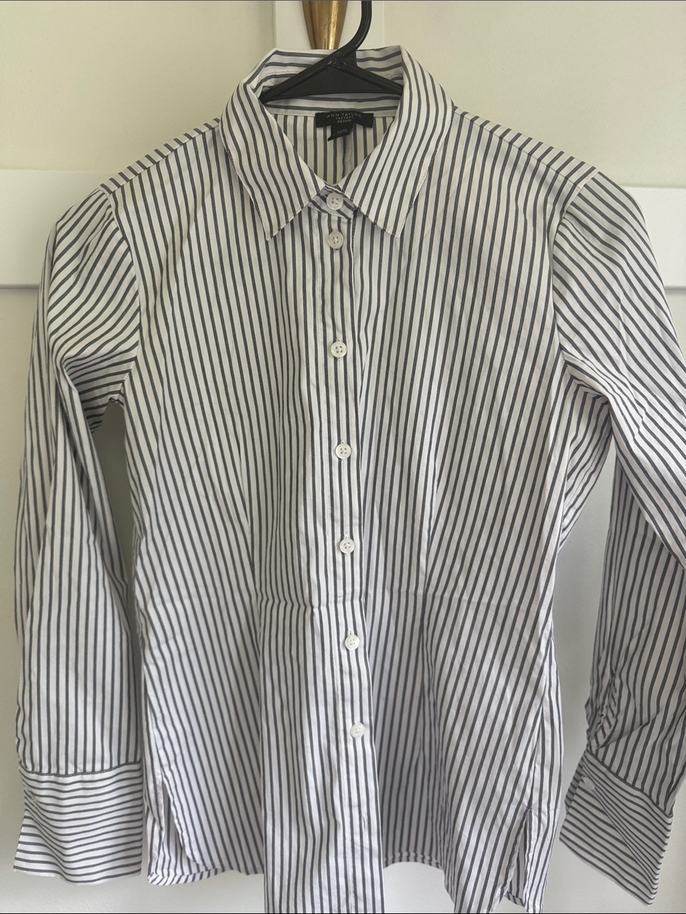 Ann Taylor Tailored Black & White Striped Button-Up Shirt